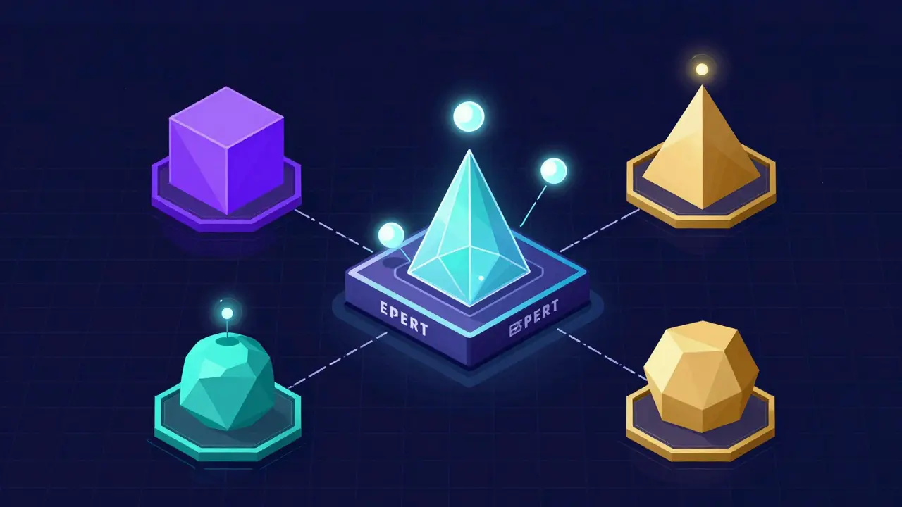 A geometric router directing data tokens to specialized expert portals in a digital network.