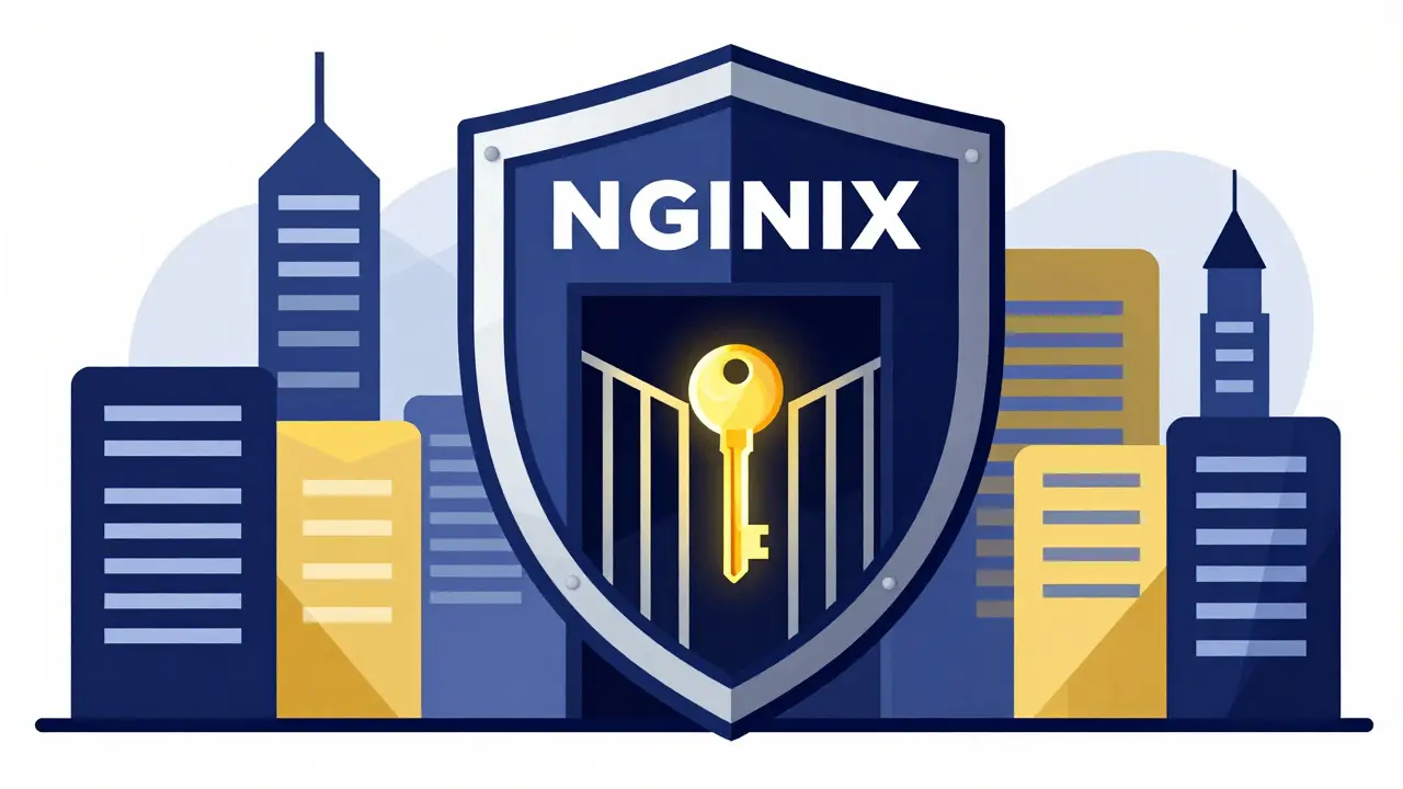 A geometric shield protecting an AI application, symbolizing reverse proxy authentication.