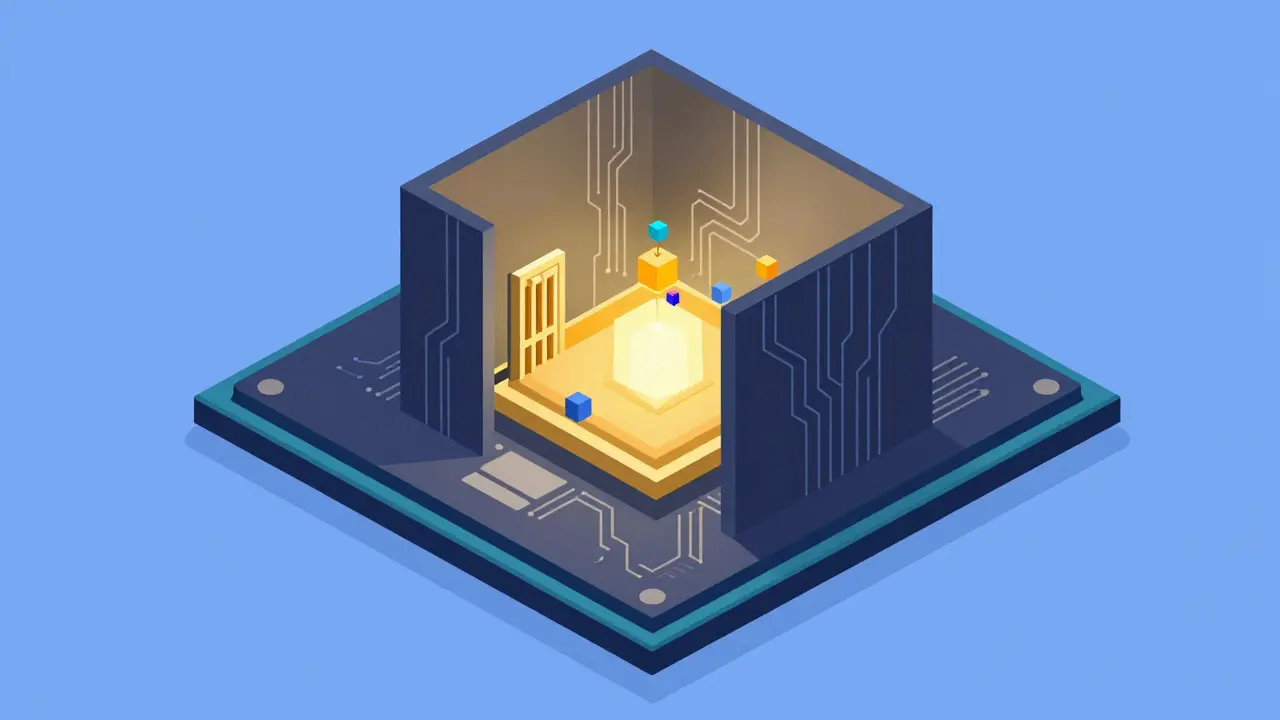 A golden digital vault isolated inside a stylized CPU chip representing a secure enclave.