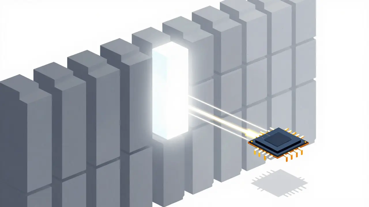 A processor interacting with a massive wall of memory blocks, illustrating the MoE memory challenge.