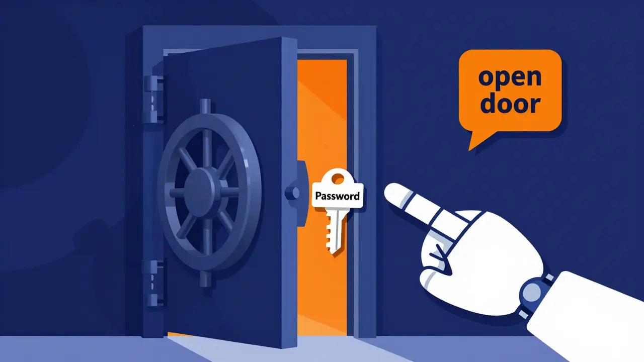 A stylized open vault door with a password key left exposed by an AI