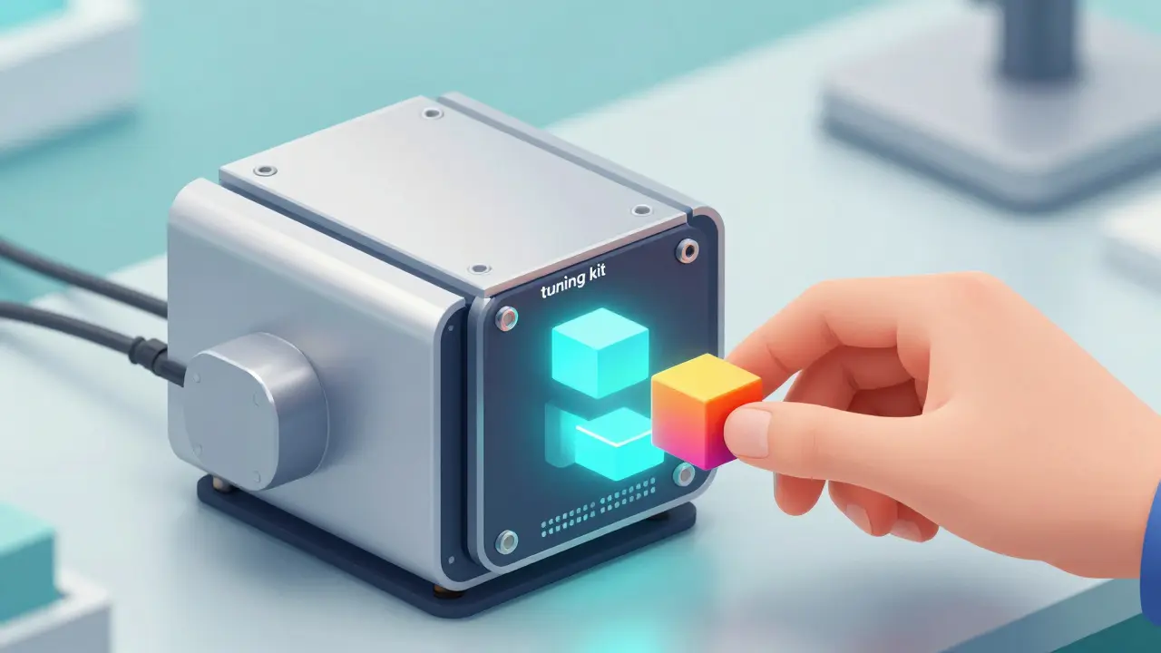 Cartoon geometric illustration of small colorful modules being attached to a sleek AI engine.