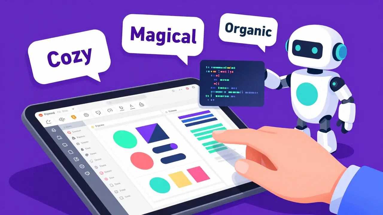 Cartoon style illustration of a designer using AI prompts to create colorful UI components