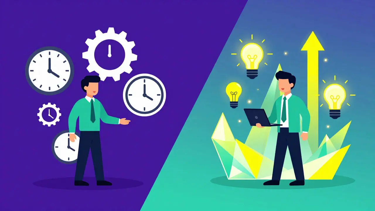 Comparison between simple speed gains and high-level strategic insights using geometric symbols.