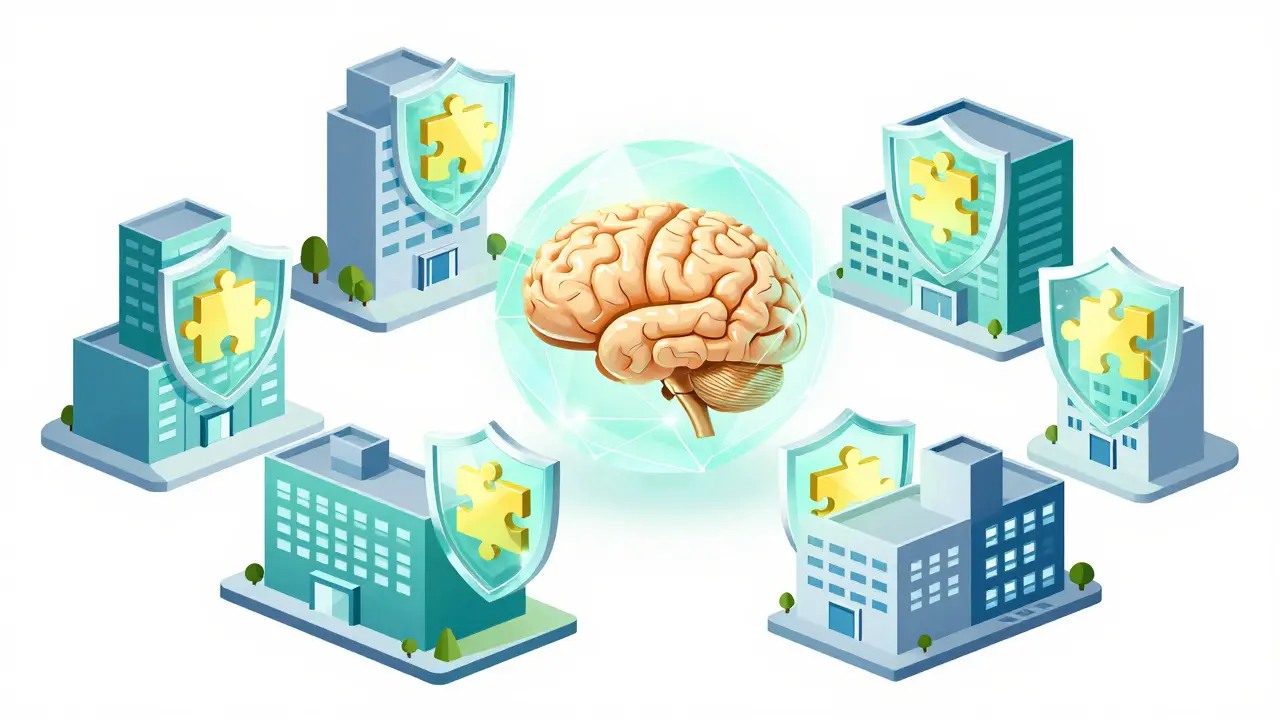 Encrypted data puzzle pieces moving from hospitals to a central AI brain for federated learning.
