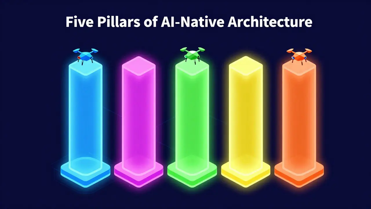 Five colorful geometric pillars supporting a floating digital platform in a neon isometric style.