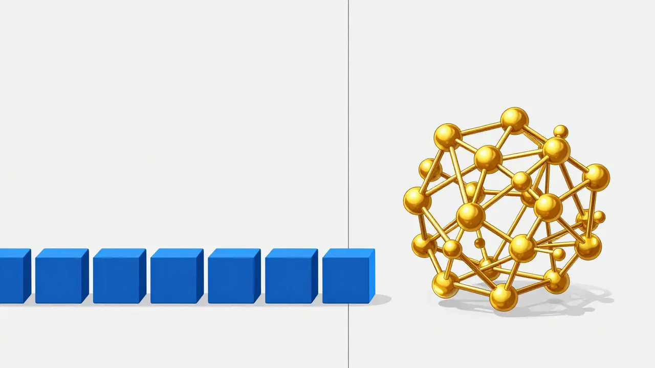 Geometric art depicting simple blue cubes transforming into a complex golden network.