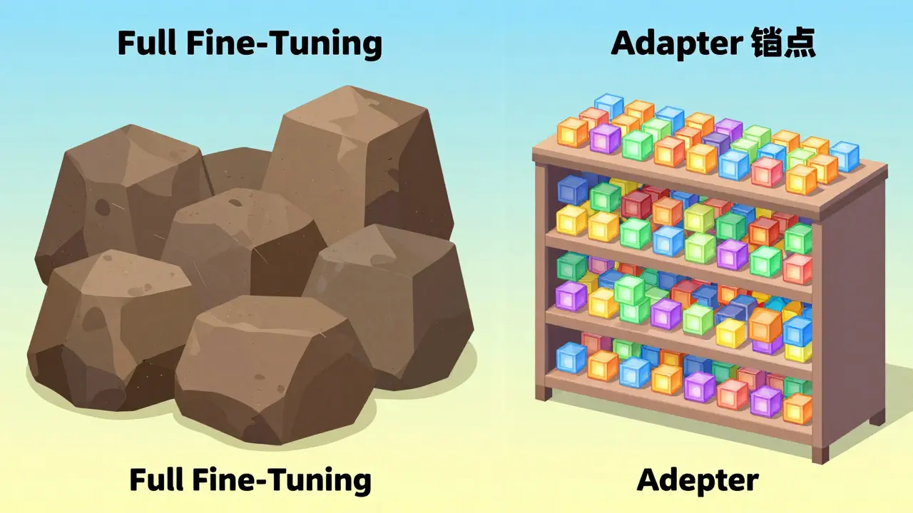 Geometric comparison between a few massive boulders and many tiny glowing cubes on a shelf.