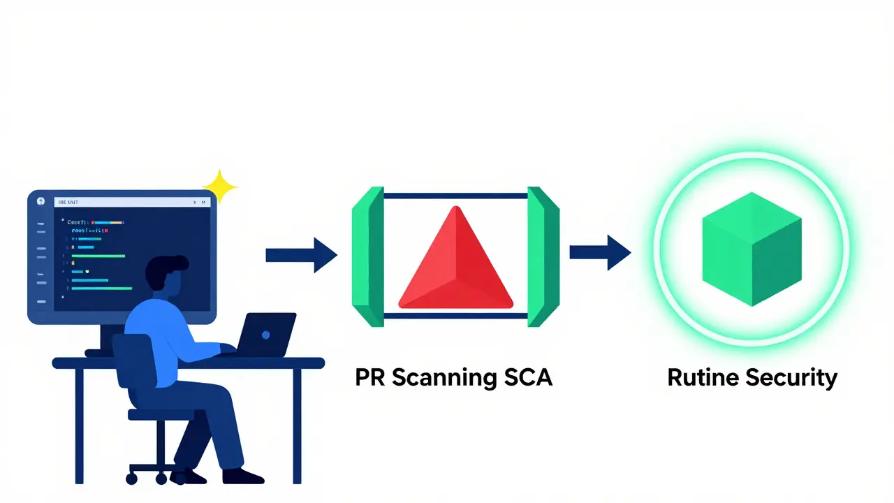 Geometric diagram showing a shift-left security workflow from IDE to runtime.