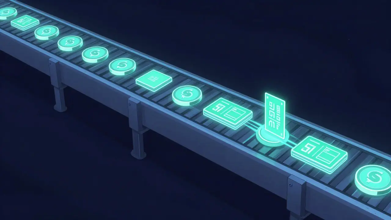 Geometric illustration of a digital conveyor belt showing continuous batching flow