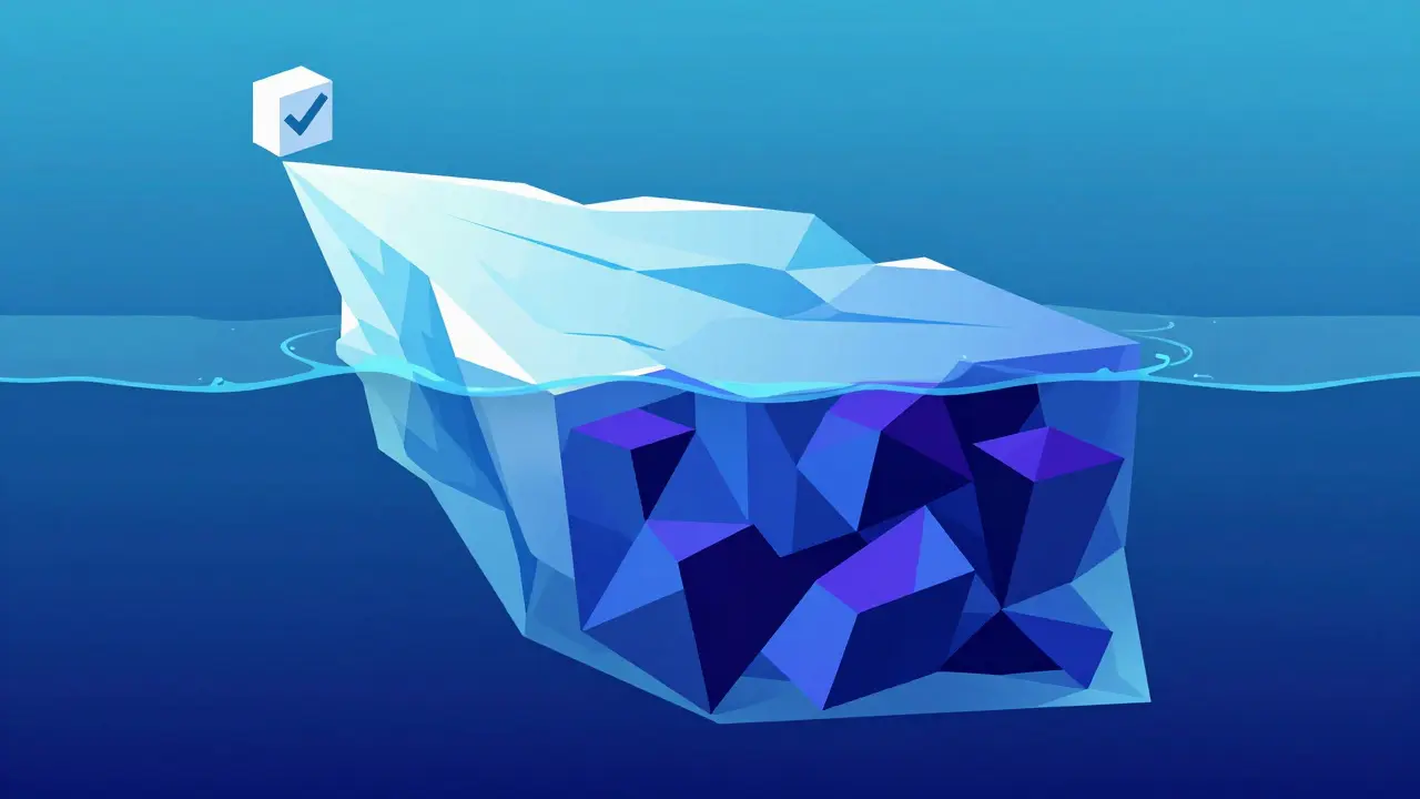 Geometric illustration of a digital iceberg showing a simple output above and complex thoughts below.