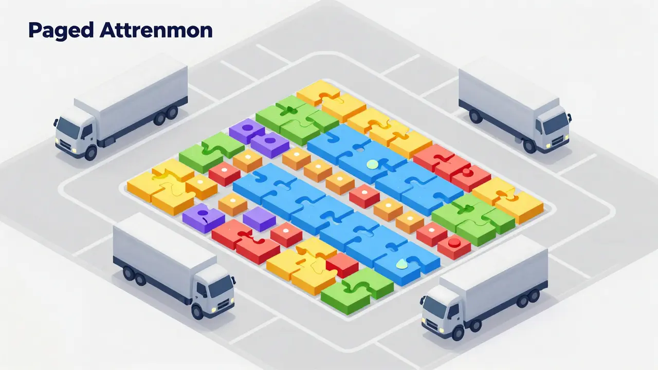 Geometric illustration of a grid of small blocks representing PagedAttention memory