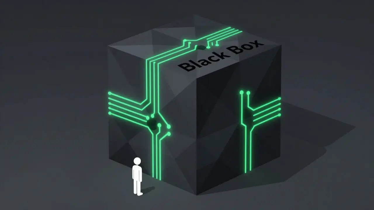 Geometric illustration of a small person standing before a giant, glowing dark cube.