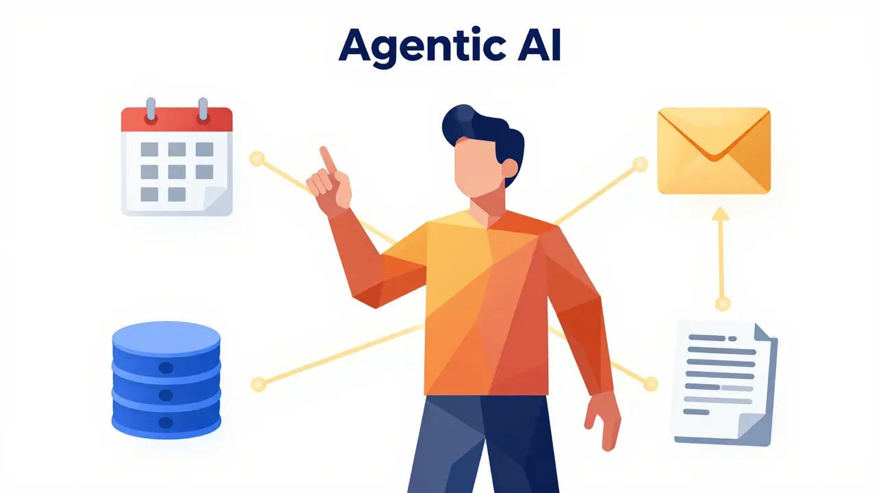 Geometric illustration of an AI agent coordinating various digital tasks.