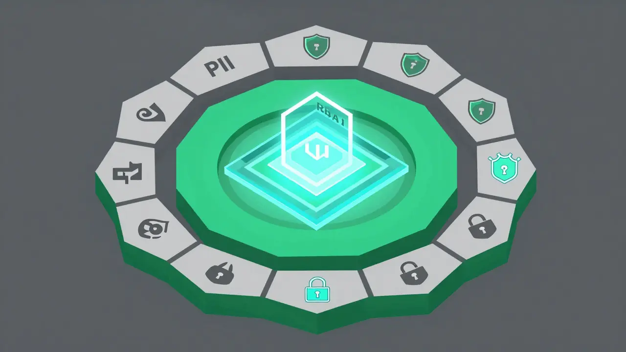 Geometric illustration of concentric security rings protecting a glowing AI core.