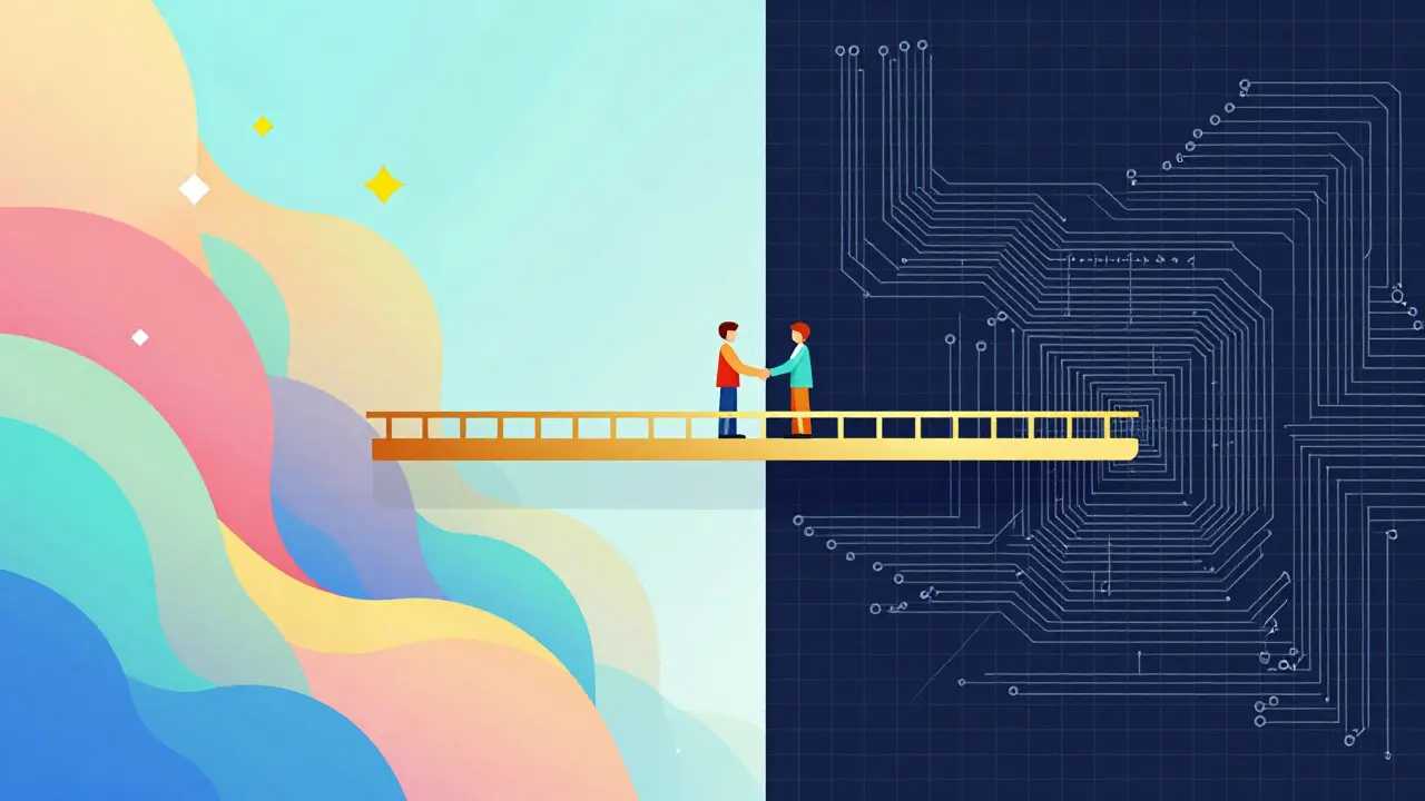 Geometric illustration showing a bridge connecting artistic design and technical engineering