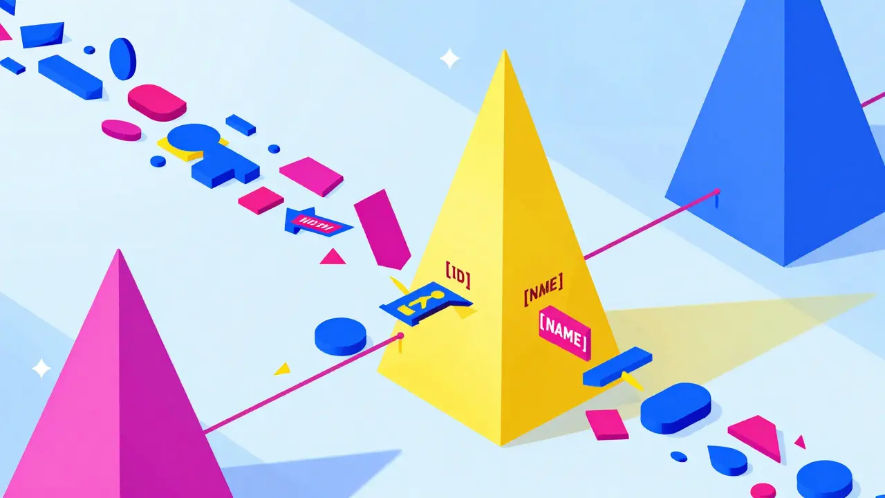 Geometric illustration showing data fragments being replaced by labels in a colorful prism filter.