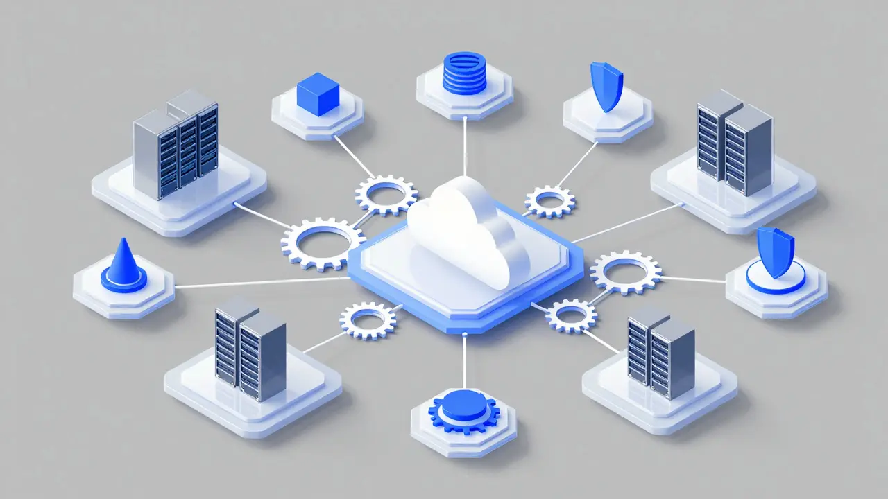 Geometric map of AI cloud platforms and secure on-premises server hubs.