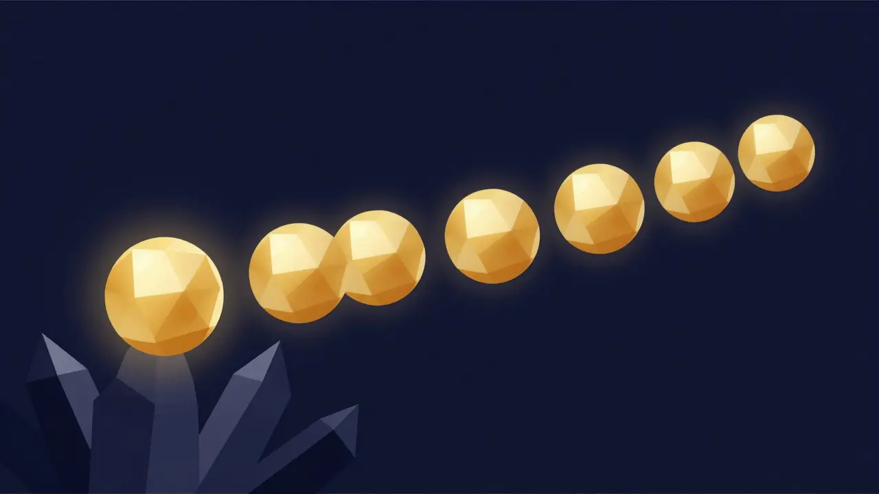 Golden spheres emerging one by one in a sequential chain