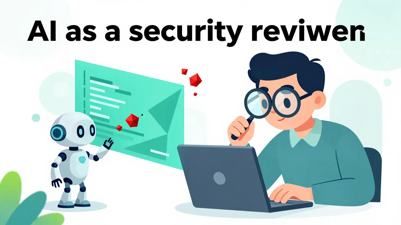 Human and AI robot using magnifying glasses to audit floating code