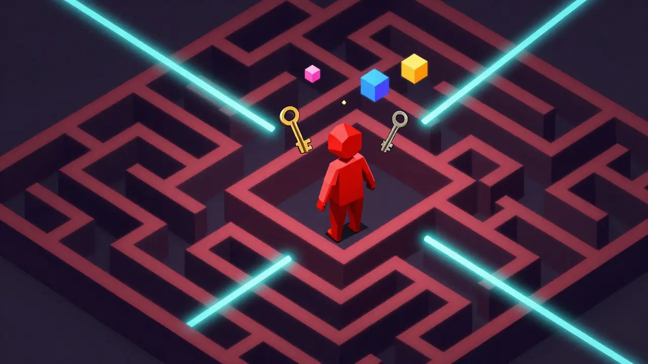 Isometric geometric view of a red avatar navigating a digital maze to find AI vulnerabilities.
