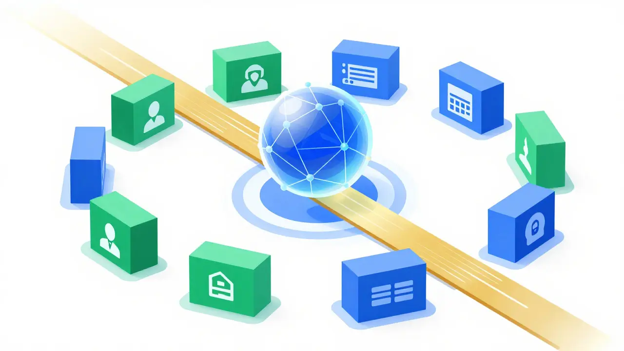 Isometric illustration of a geometric AI agent connecting business processes to revenue growth.