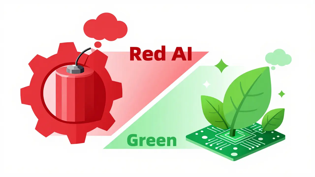 Split geometric illustration comparing a heavy, polluting Red AI system with a sleek, eco-friendly Green AI system.