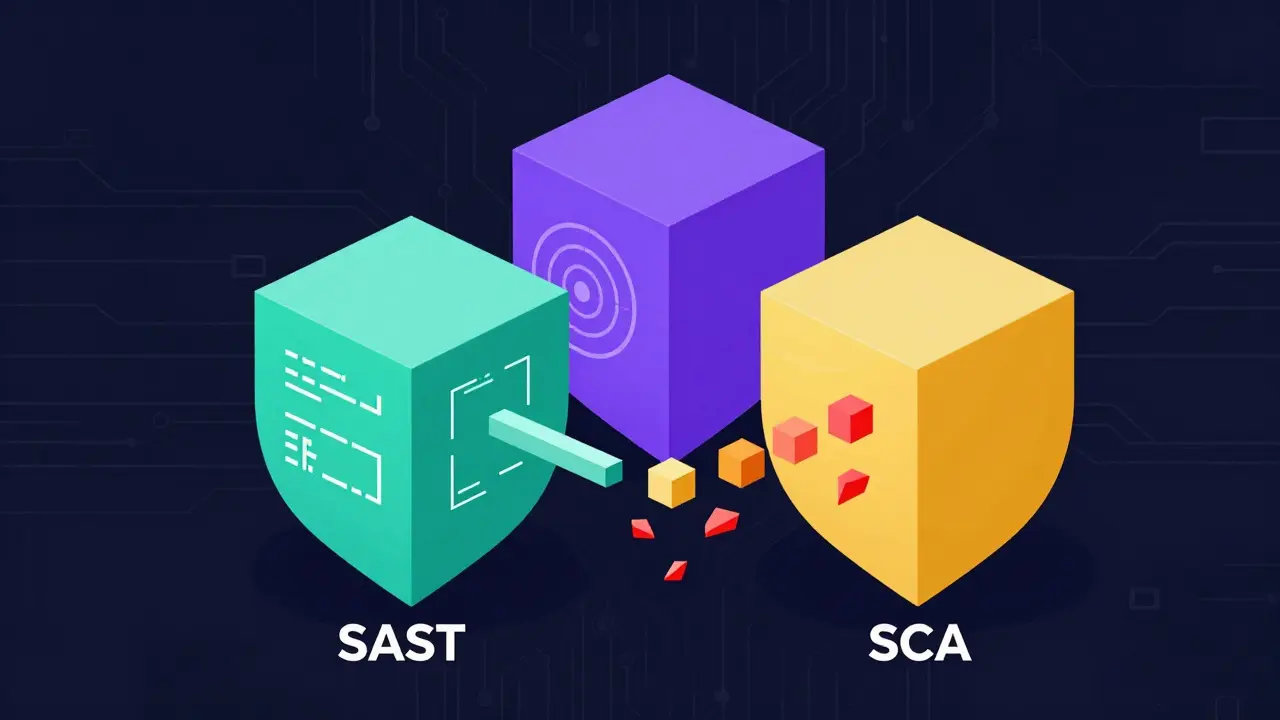 Stylized hexagonal prisms representing SAST, DAST, and SCA security tools.