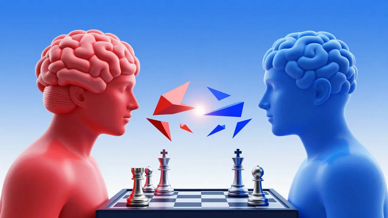 Symmetrical geometric illustration of two abstract AI brains exchanging data shards.