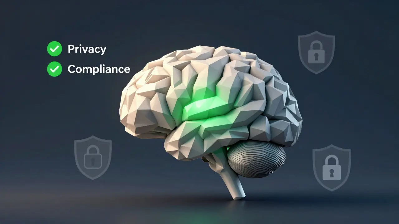 Abstract brain graphic balancing privacy shields with maintained AI model functionality.