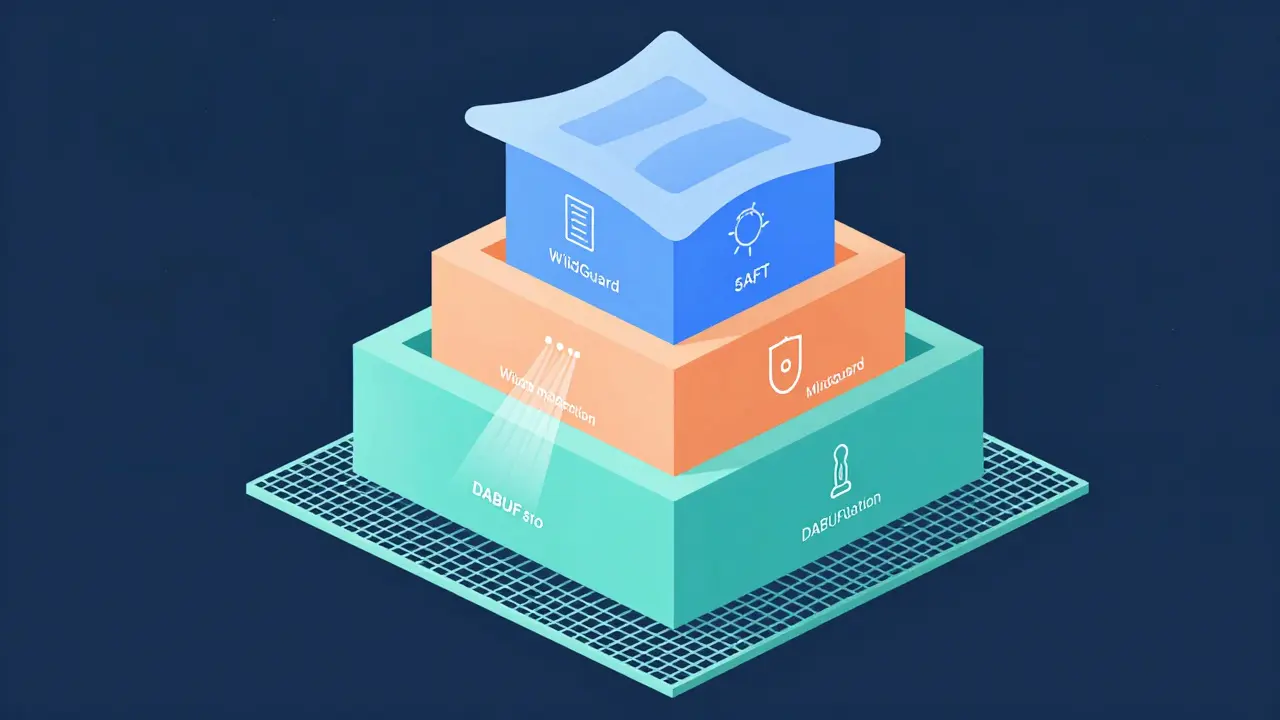 Abstract geometric illustration of three layers of AI safety filtering tools