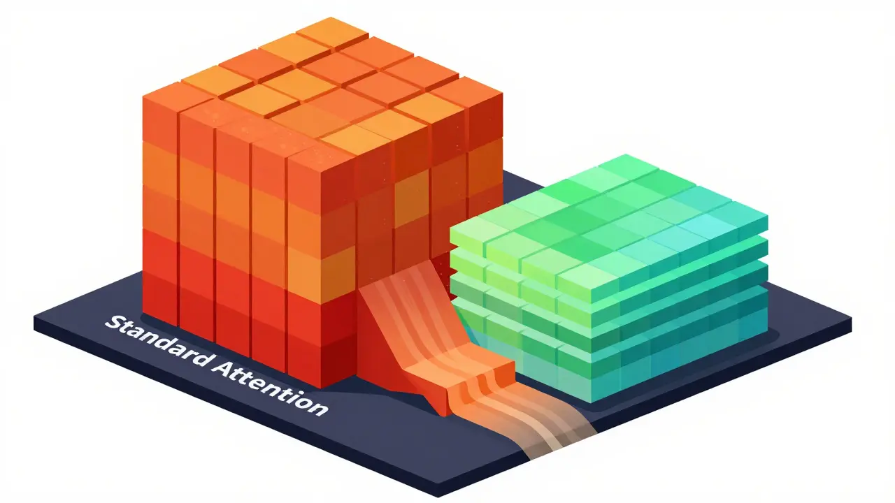 Abstract illustration comparing bulky standard attention memory with efficient Flash Attention tiling.