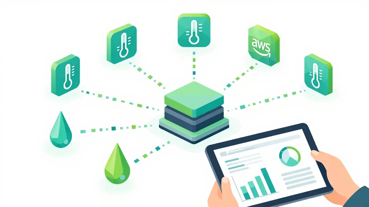 Abstract sensors sending data streams to a cloud server dashboard