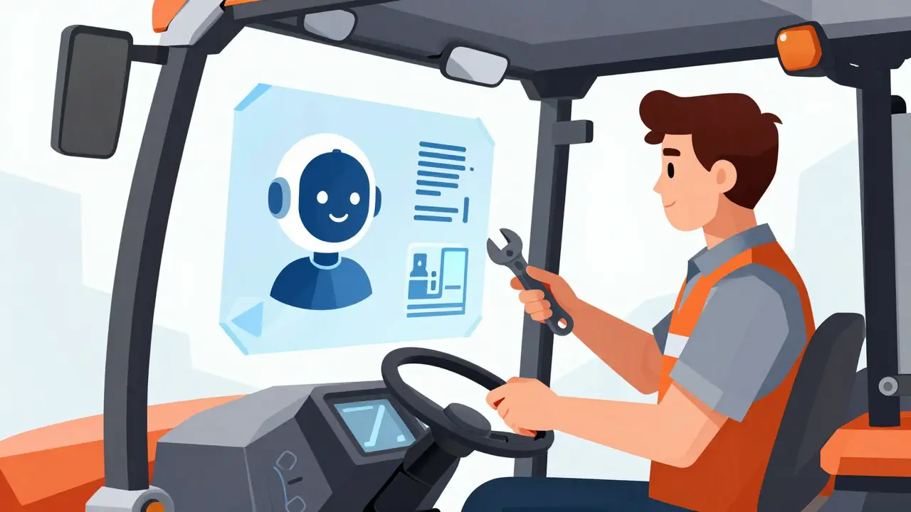 AI assistant guiding farm equipment repair with holographic instructions