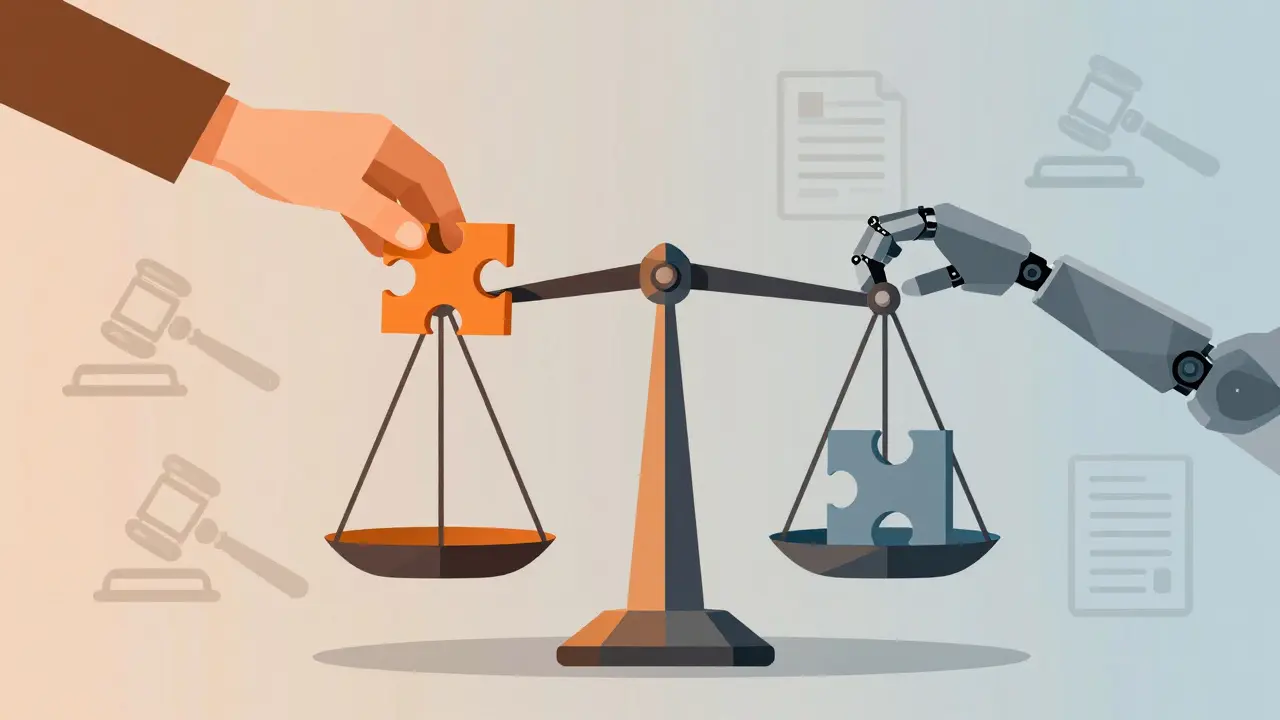 Balance scale showing human input vs AI output for copyright ownership