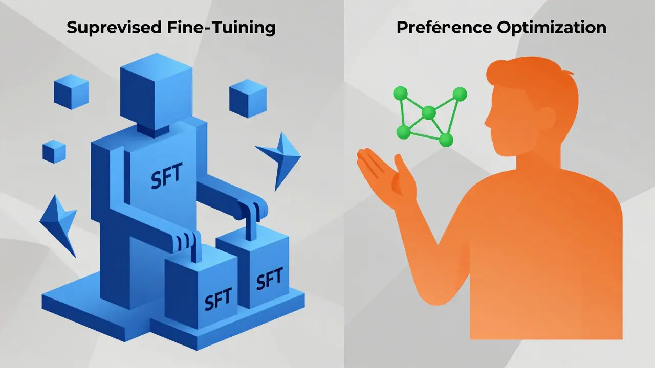 Contrast between rigid SFT processing and human-aligned RLHF optimization