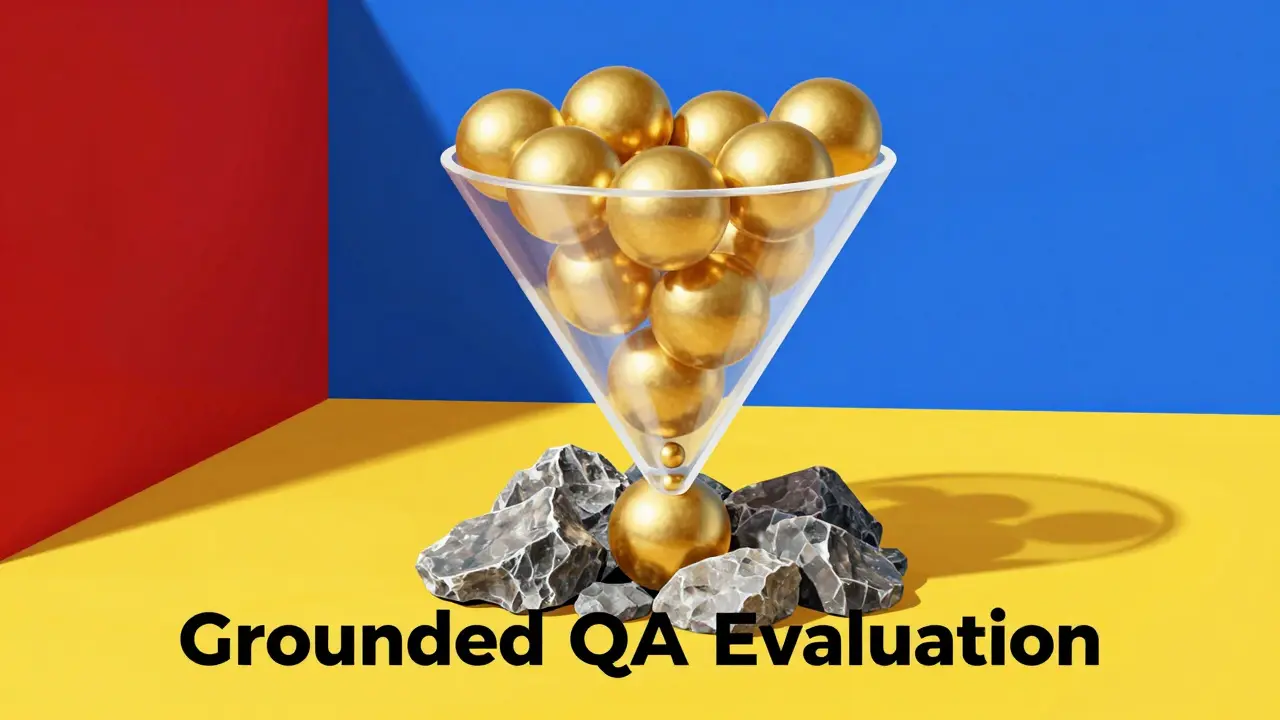 Crystalline funnel filtering jagged rocks into smooth golden spheres representing grounded evaluation.