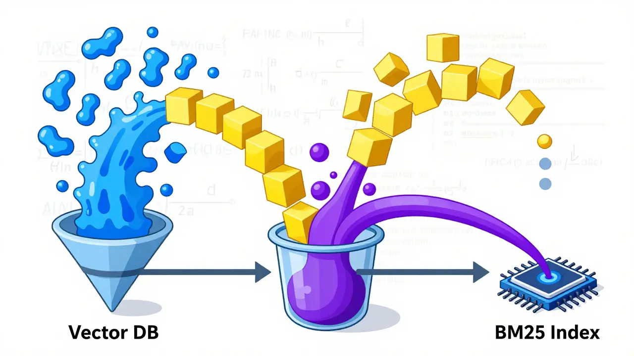 Diagram of hybrid search combining vector and keyword results into one stream.