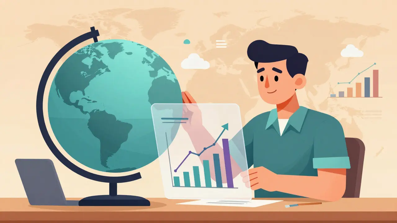 Farmer analyzing predictive market trends with geometric data visuals