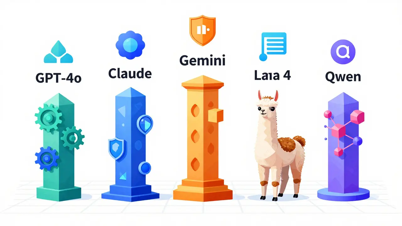 Five geometric pillars representing different major LLM families and their strengths