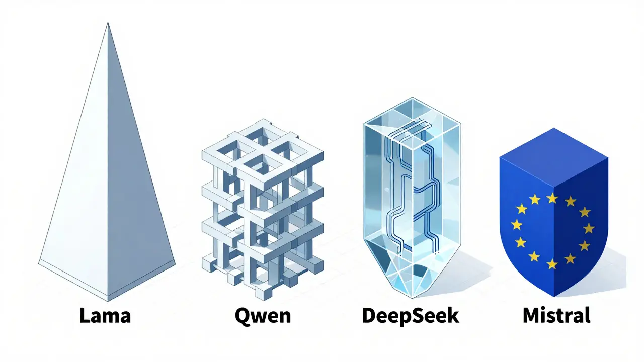 Four geometric structures representing different AI architectures: context, efficiency, reasoning, and compliance.