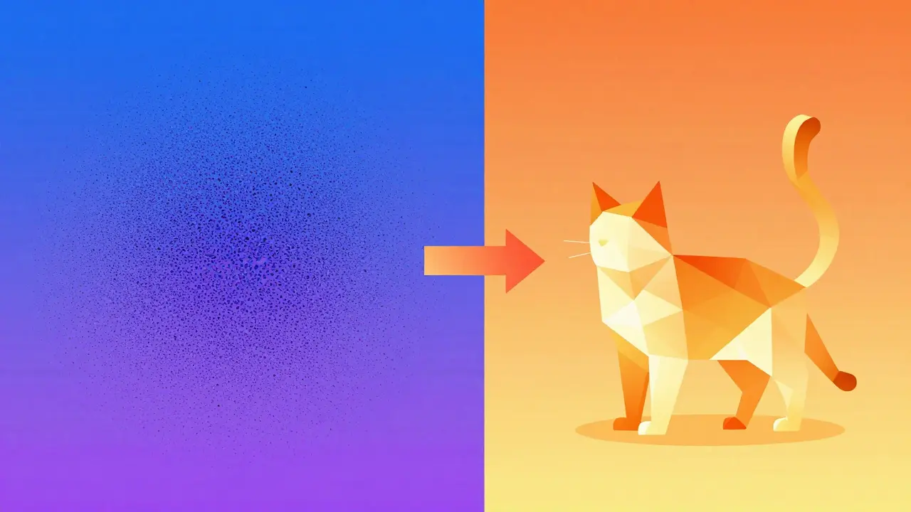 Geometric art showing noise transforming into a clear image via denoising steps.
