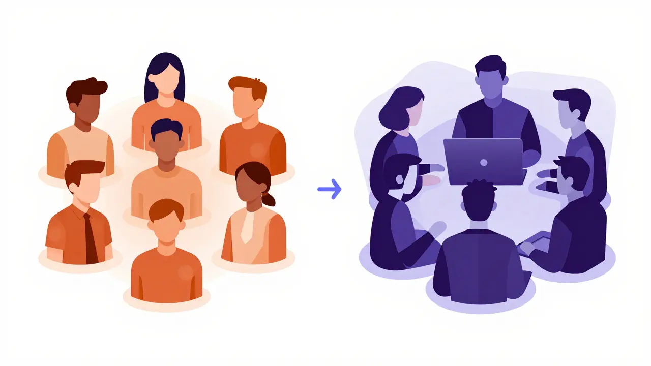 Geometric avatars comparing intuitive vs advanced coding platforms for different teams.