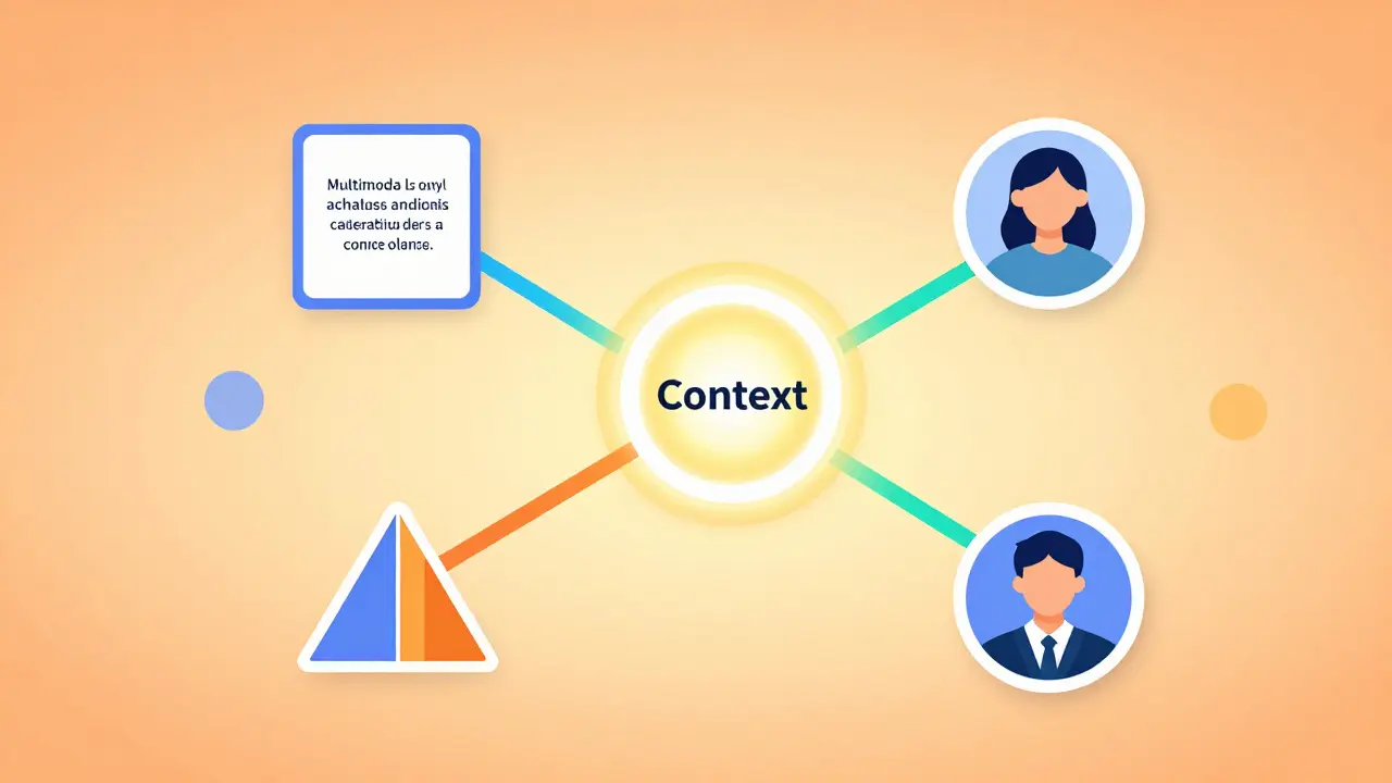 Geometric network connecting text, charts, and images via central context.