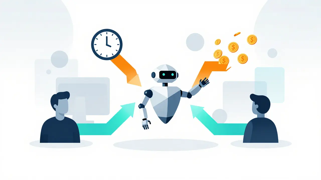 Geometric robot interacting with humans, showing time savings as data streams