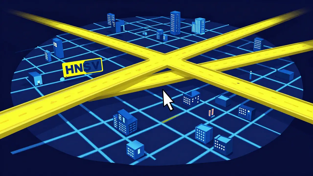 Illustration showing HNSW indexing as a layered map with highways and streets.