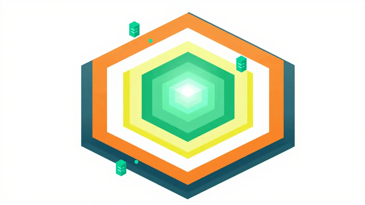 Layered hexagonal shields illustrating defense-in-depth for generative AI.