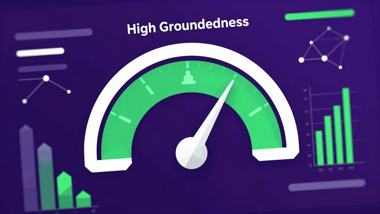 Low-poly dashboard with geometric gauges showing high AI faithfulness metrics.