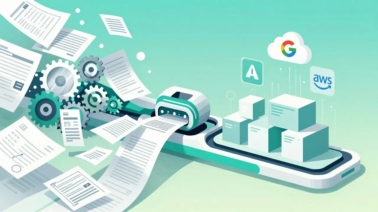 Raw documents transforming into structured data through AI processing.