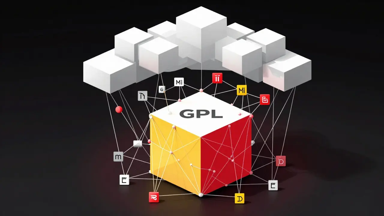Software box trapped in a web of license strings representing legal risks